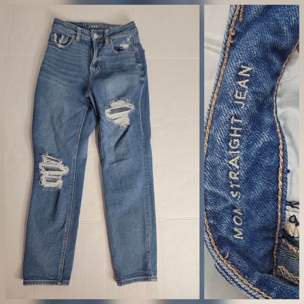 AMERICAN EAGLE Jeans Womens Sz 00 Straight Mom High Rise Distressed Stretch